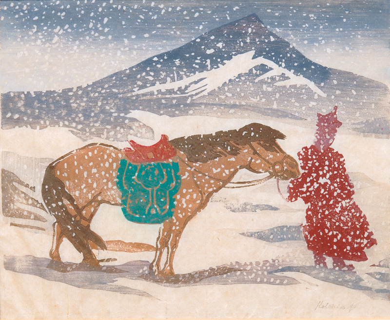 Pferd und Reiter im Schneesturm