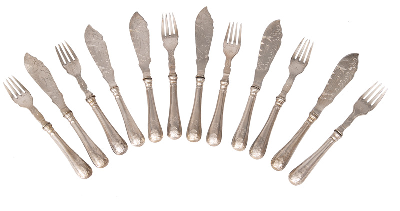 An Art Nouveau fish cutlery for 6 persons with engraved decor