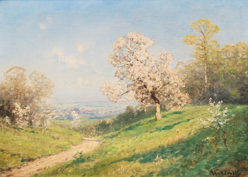 Frühlingslandschaft mit blühenden Obstbäumen