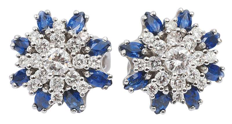 A pair of diamond sapphire earrings