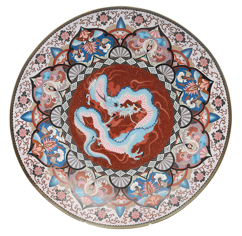 An exceptional large cloisonné plate