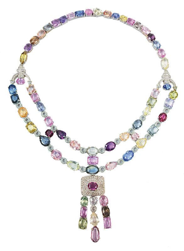 A highcarat, colourful sapphire diamond necklace