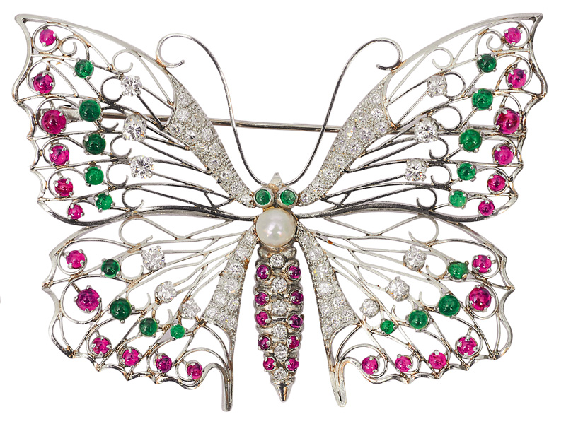 A diamond ruby emerald brooch "Butterfly"