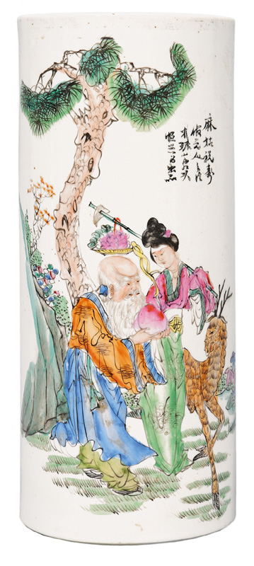 A cylindrical vase with Shoulao and Xiwangmu
