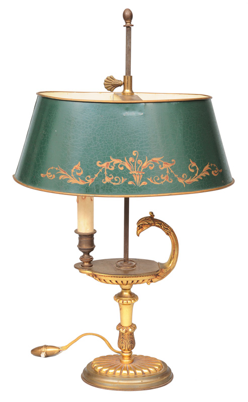 A bouillotte lamp with griffin head