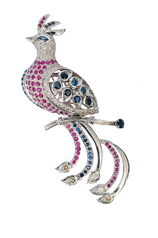 A ruby sapphire brooch with diamonds "Bird of Paradise#