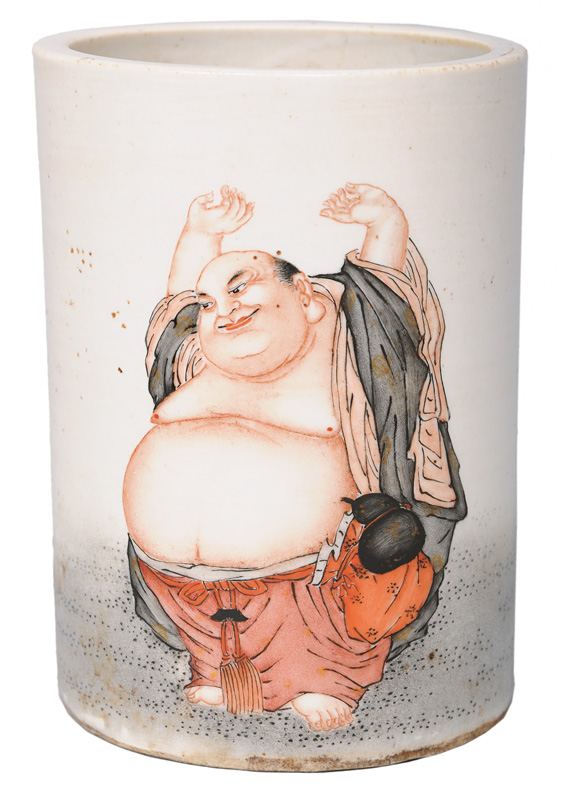 A brush pot with Budai