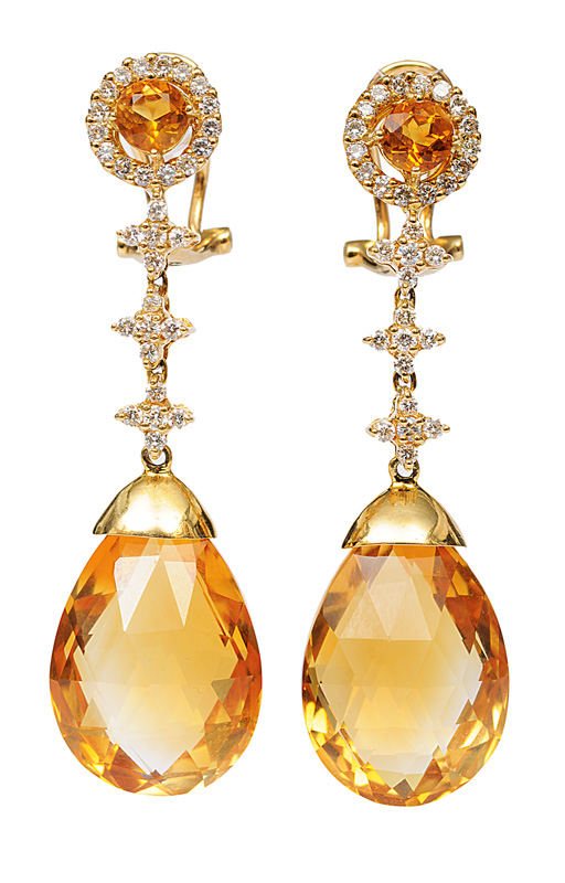 A pair of citrine diamond earpendants A pair of citrine diamond earpendants