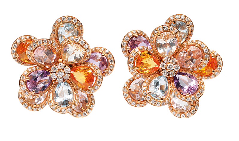 A pair of flower earstuds with colourful precious stones