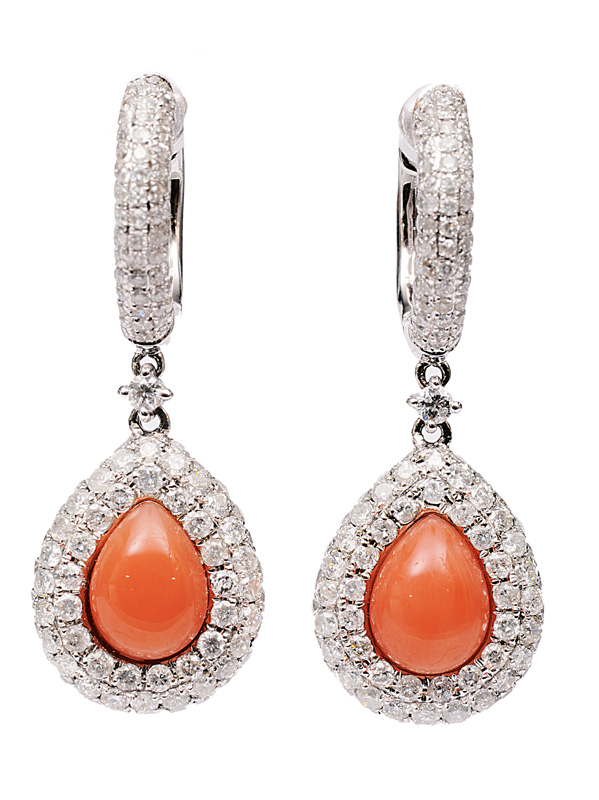 A pair of coral diamond earpendants