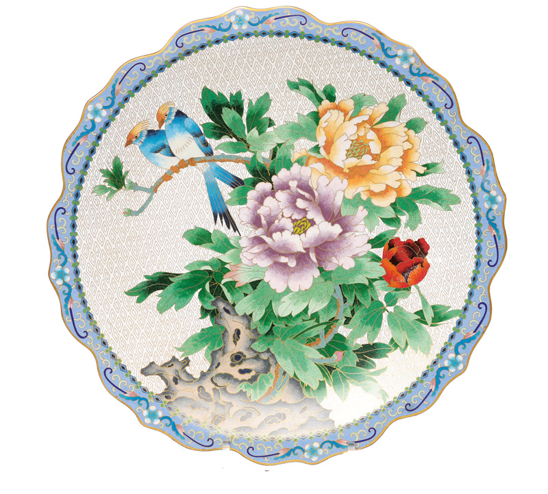 A cloisonné plate with birds and peonies