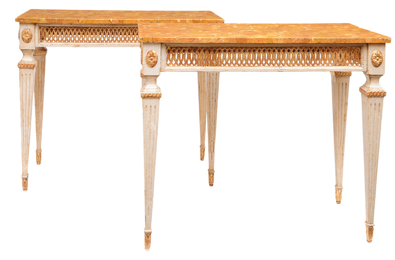A pair of coloured console tables