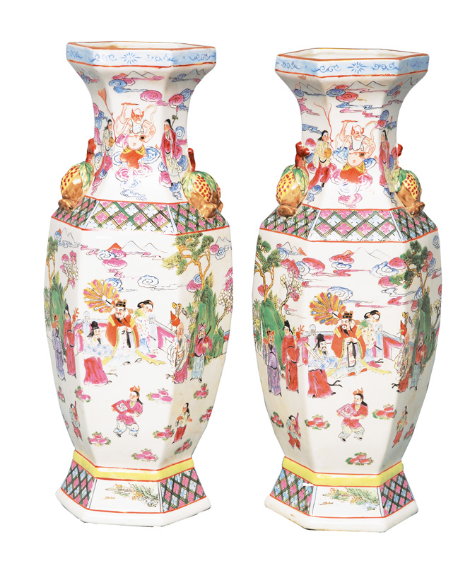 A pair of hexagonal Famille-Rose vases with mythological scenes