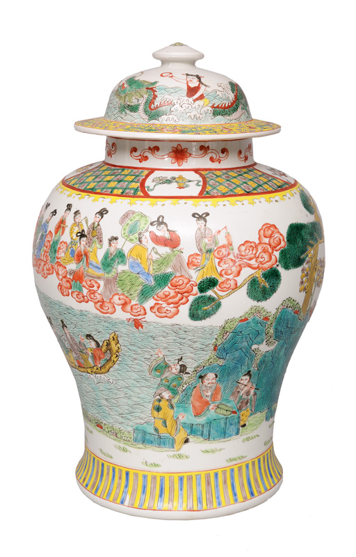 A tall Famille-Verte cover-vase with Taoist deities