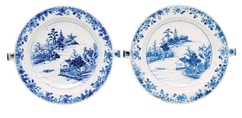 A pair of warming dishes with landscape painting