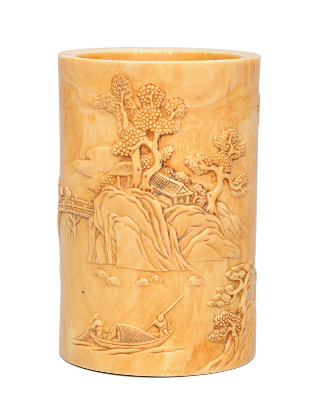 A fine ivory-brushpot with landscape