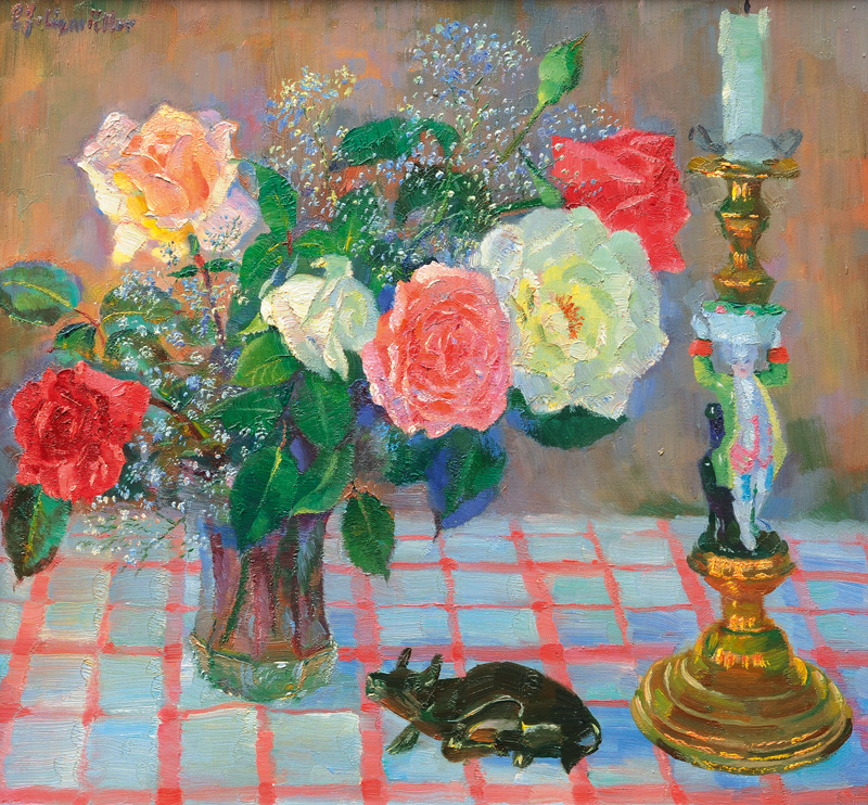 Still Life with Bouquet of Roses and Candlestick