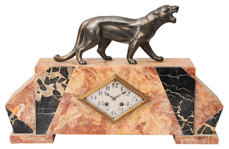 An Art Deco mantle clock with figure of panther
