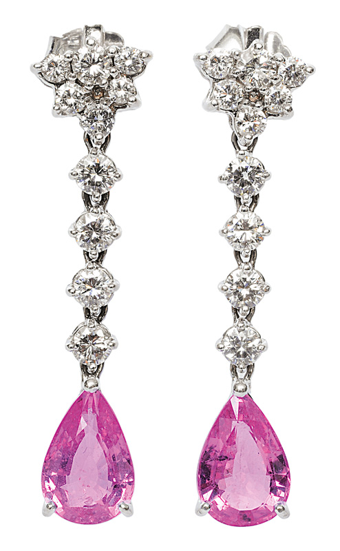 A pair of diamond earpendants with pink saphhires