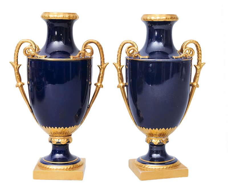 A pair of cobalt-blue amphora-vases