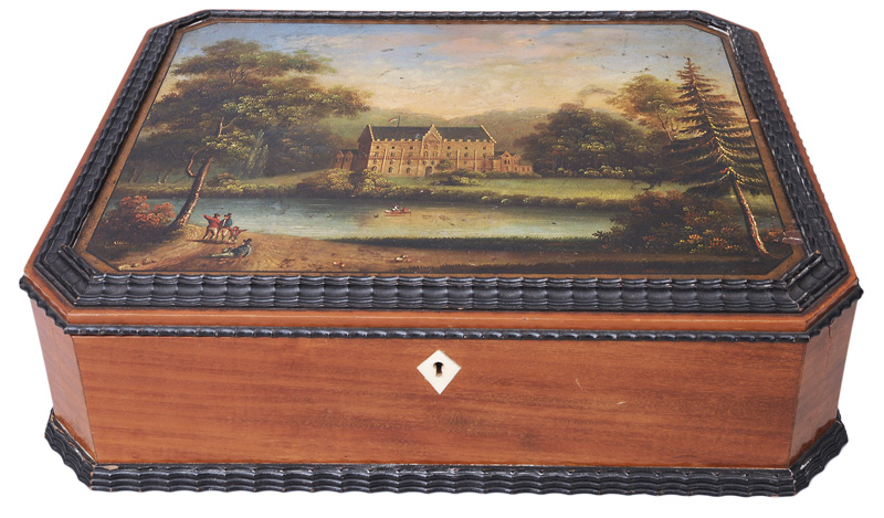 A wooden case painted with idyll of a castle