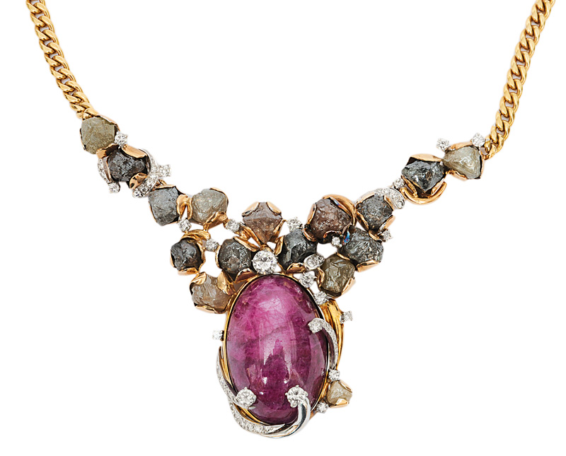 An extraordinary diamond-ruby-necklace with matching jewellery watch by Jeweller