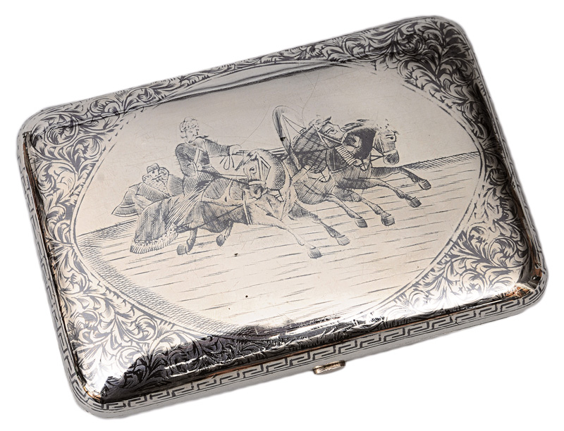 A case with niello decor of a rapid sleigh riding