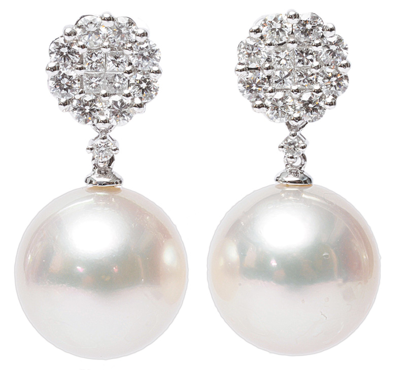 A pair of Southsea pearl earpendants with diamonds