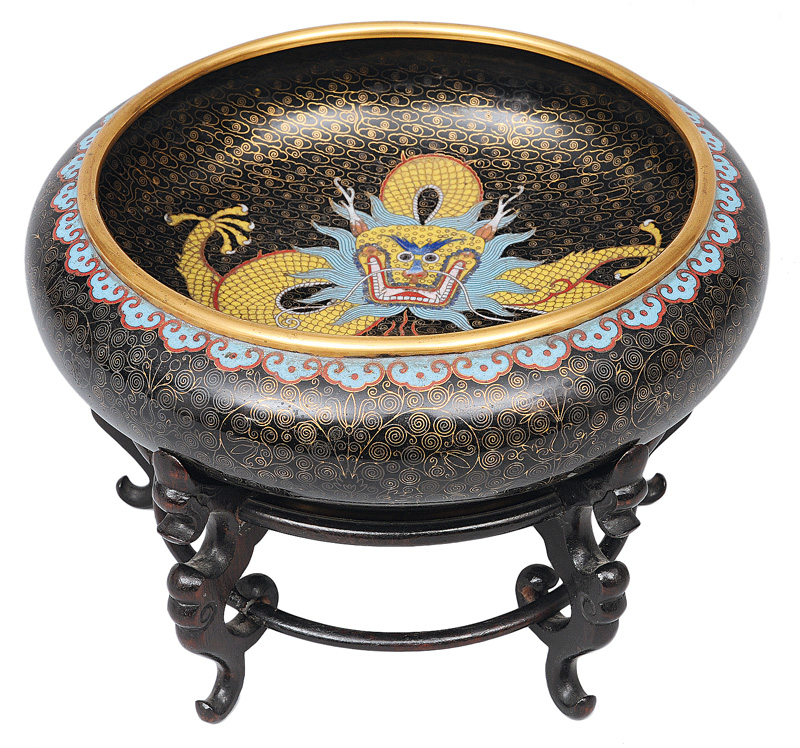 A cloisonné bowl with yellow dragon