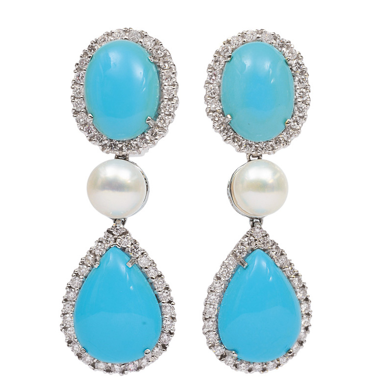 A pair of turquoise diamond earpendants