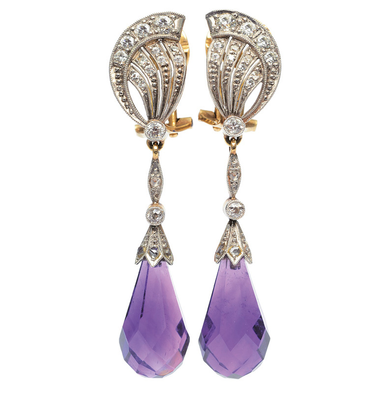 A pair of amethyst earpendants with diamonds in the style of Art Nouveau