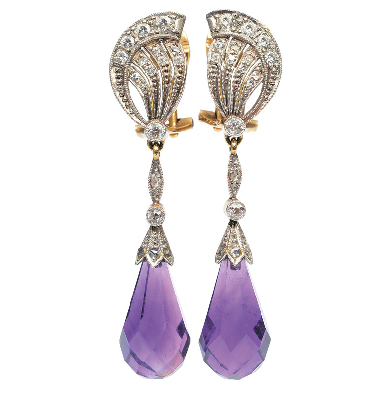 - A pair of amethyst earpendants with diamonds in the style of Art Nouveau A pair of amethyst earpendants with diamonds in the style of Art Nouveau