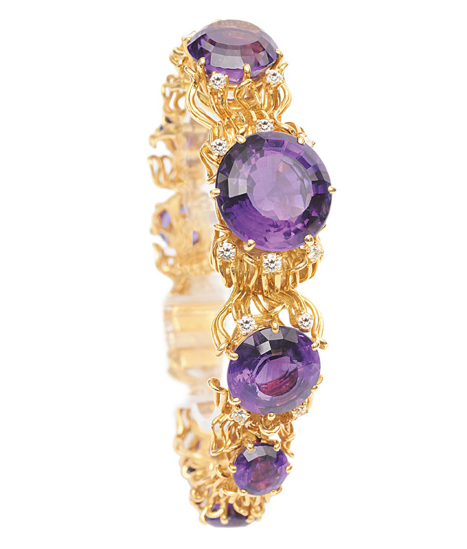 A modern, highcarat amethyst diamond bracelet