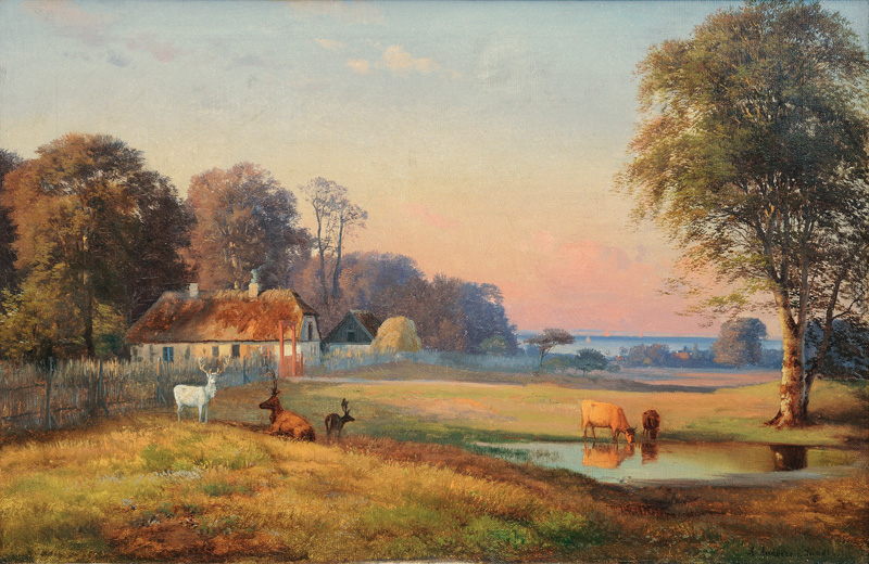 Anders Andersen-Lundby - Summer Landscape with Stags in a Deer-Park with View on the Baltic Sea Summer Landscape with Stags in a Deer-Park with View on the Baltic Sea