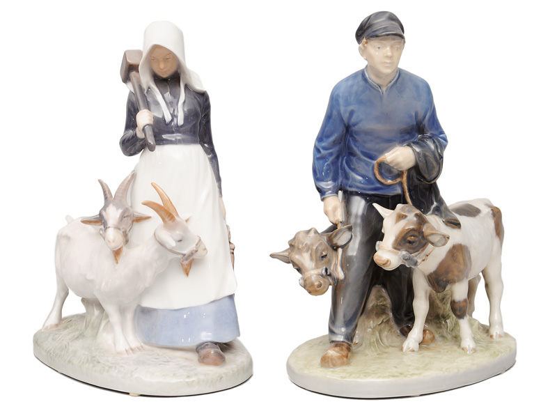 Two figurines "Farmgirl with goats" and "Farmboy with calfs"