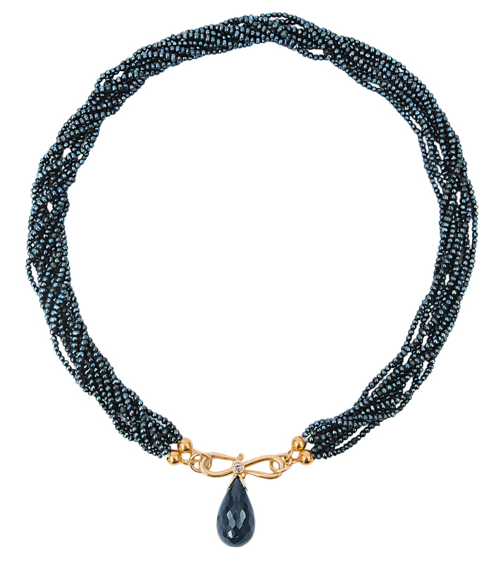 A pearl necklace with large sapphire pendant