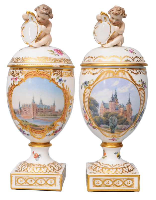 A pair of cover vases with vedutas of Danish palaces
