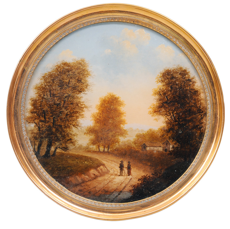 Two miniatures "Walkers on a country lane" and "In front of a farmer"s co