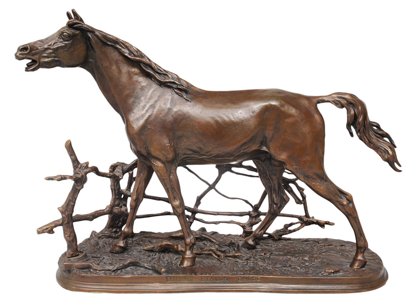 A bronze figure "Stallion on fence - Djinn Etalon Barbe"