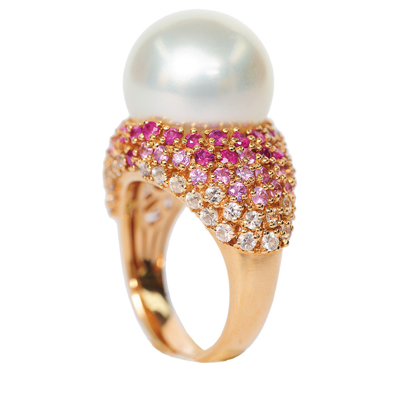 A Southsea pearl ring with rubies and sapphires