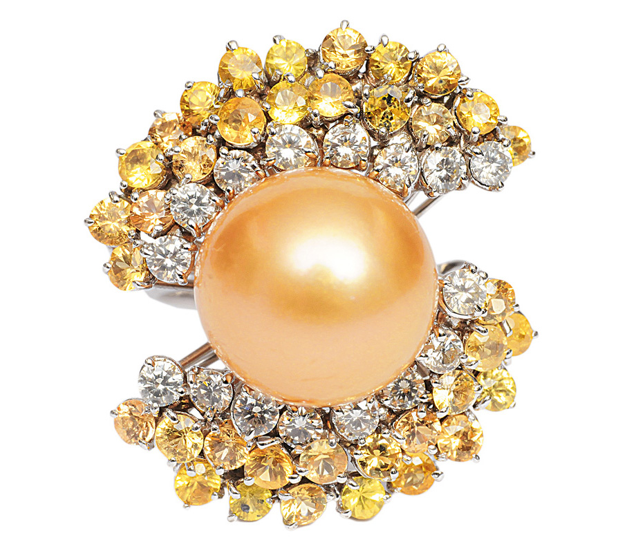 A Southsea pearl ring with diamonds and citrines