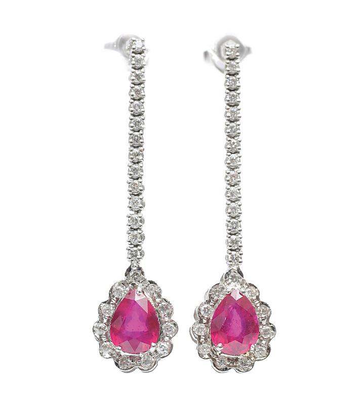 A pair of long ruby diamond earpendants