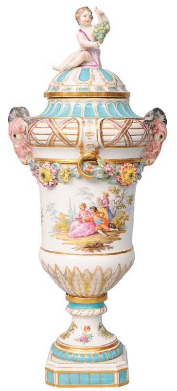 A cover vase with aries heads and Watteau scenes