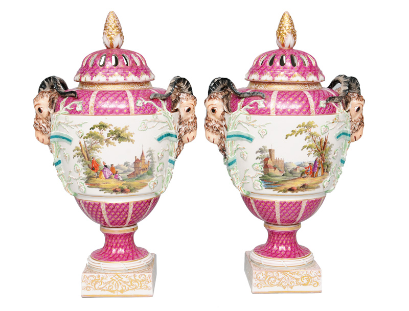 A pair of potpourri vases with aries heads