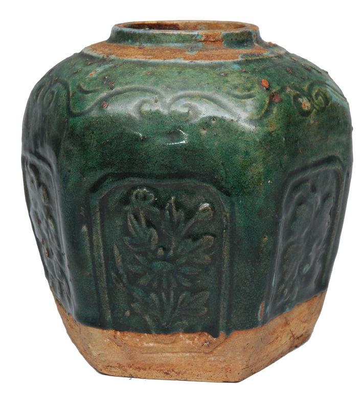 A hexagonal shoulder pot with relief decoration