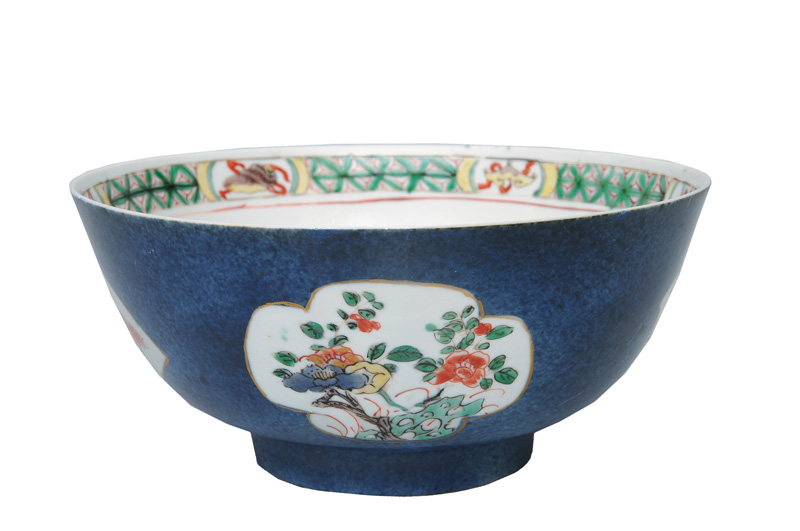 A "powder blue" bowl with Famille-Verte painting