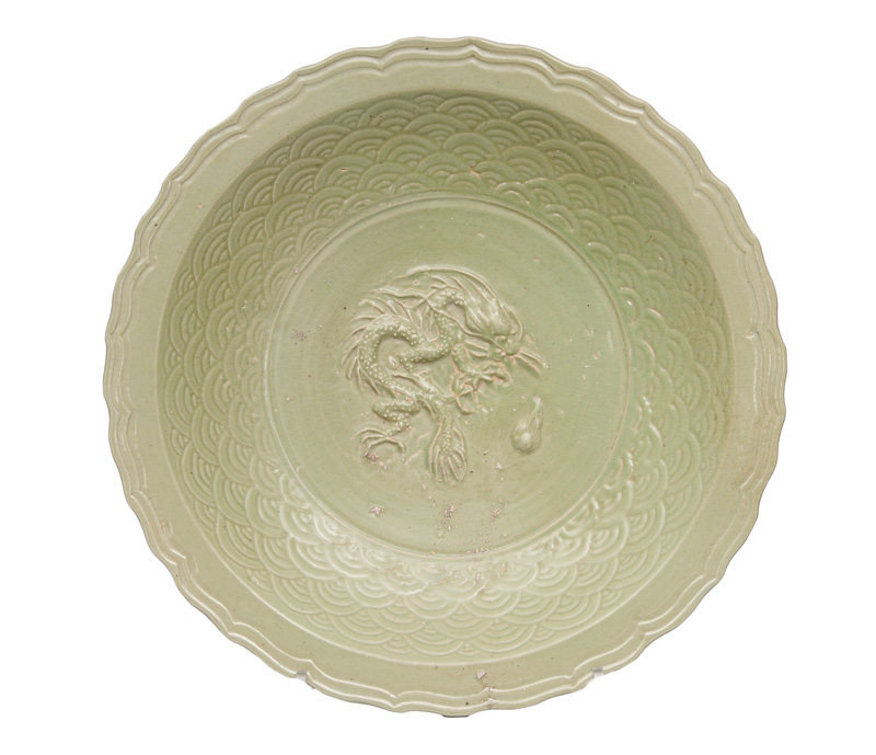 A large celadon-bowl with dragon