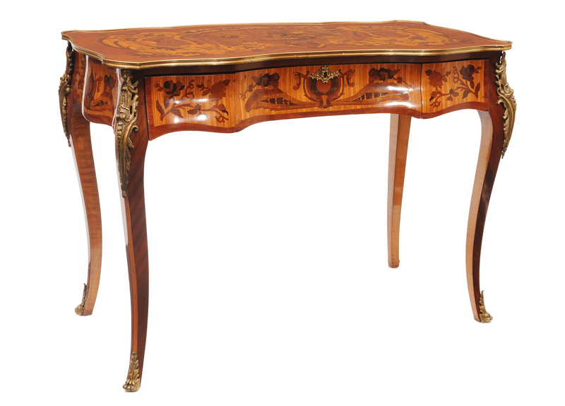 An elegant ladies bureau plat with floral marquetry