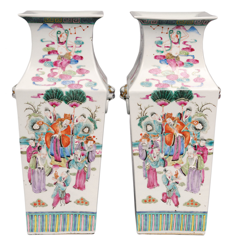 A pair of square-cut vases with mythological scenes