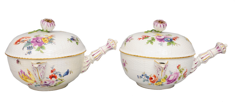 A pair of rare side handle tureens with cover
